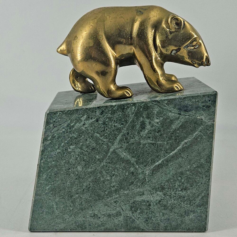 Vintage Art Deco Style Brass Bear On A Green Marble Base
